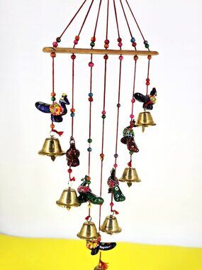 Hand Crafted Peacocks & Brass Bell Wind Chimes Rajasthani Folk Art Mobile Boho